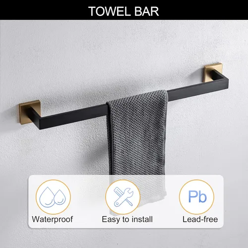 Miniatura 2 de Juego de 5 piezas de accesorios de baño, juego de toallero negro y dorado, soporte de papel higiénico con estante, juego de toallero en el baño