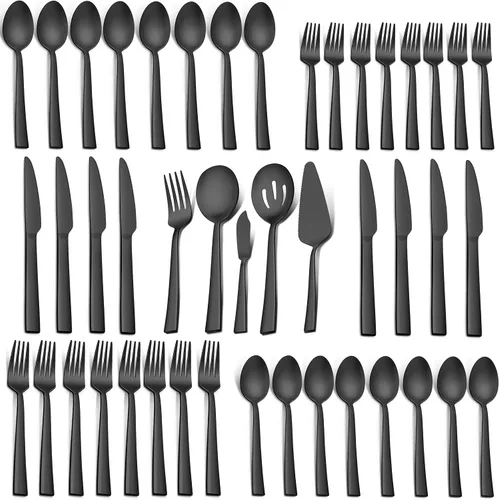 LIANYU Juego de cubiertos de 45 piezas color negro mate con utensilios para servir, juego de cubiertos de acero inoxidable para 8, utensilios de