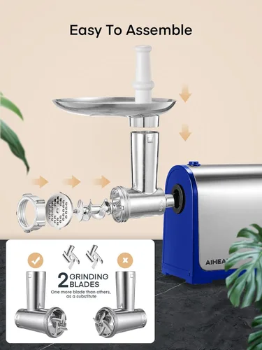 Miniatura 6 de Picadora de carne eléctrica, embutidora de salchichas con 3 tubos para salchichas, 2 cuchillas, 3 placas, 3200W máx, picadora de carne de alta Azul