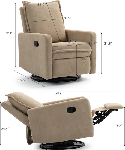 Miniatura 3 de Mecedora giratoria para cuarto de bebé, reclinable, mecedora giratoria manual, reclinable, cómoda, sillas de sala de estar (marrón)
