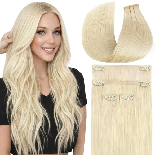 Miniatura 65 de Full Shine Extensiones de cabello humano con pinzas, cabello humano Remy invisible para mujer, color rubio platino, 20 pulgadas, 8 unidades, 4.23 oz