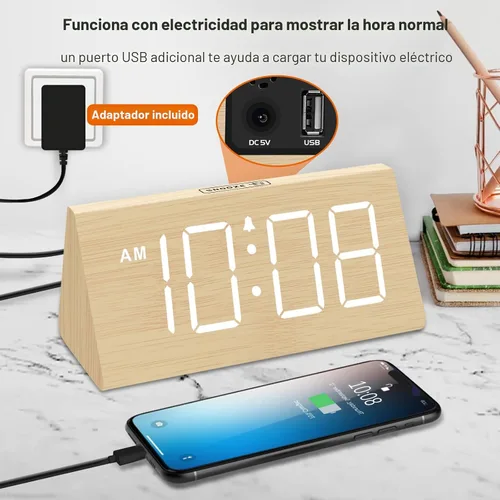 Miniatura 5 de DreamSky Wooden Digital Alarm Clocks for Bedrooms - Electric Desk Clock with Large Numbers, USB Port, Loud Alarm for Heavy Sleepers, Adjustable
