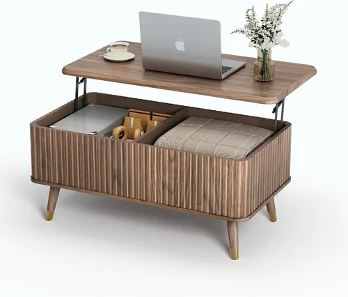 Miniatura 8 de JOINICE - Mesa auxiliar rectangular con tapa elevable para sala de estar u oficina en casa, con almacenamiento, diseño acanalado, estilo moderno