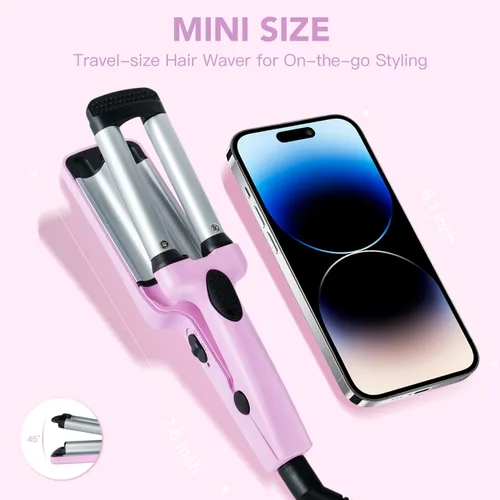 Miniatura 2 de Mini rizador de pelo, rizador de 3 barriles de 1/2 pulgada con doble voltaje, rizador de playa de viaje para cabello corto a mediano, morado