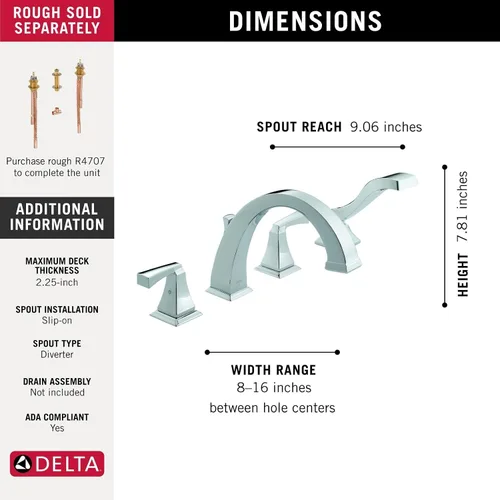 Miniatura 3 de Delta Faucet Dryden T4751 - Grifo de bañera romana con ducha de mano - T4751 - Juego de grifo de baño, manijas y ducha de mano - Cromo