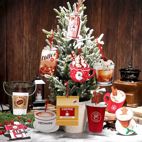 Miniatura 3 de 32 piezas de adornos de madera para taza de café para árbol de Navidad, adornos decorativos colgantes de cacao caliente y taza de té para vacaciones