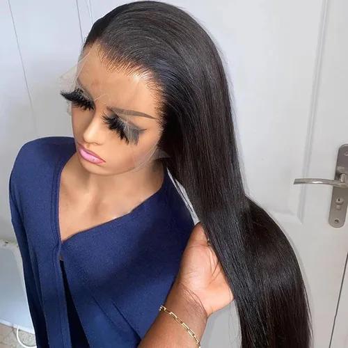 Miniatura 6 de ANDRIA peluca de cabello largo y lacio natural con encaje frontal sin pegamento, cabello sintético y sedoso, peluca con cabello negro de fibra