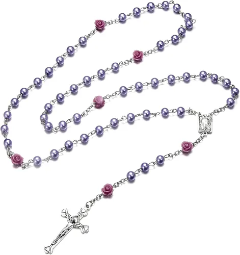 Miniatura 3 de SZQCZB Rosario - Collar católico con medalla del suelo sagrado Crucifijo con caja de metal y 18 tarjetas de oración