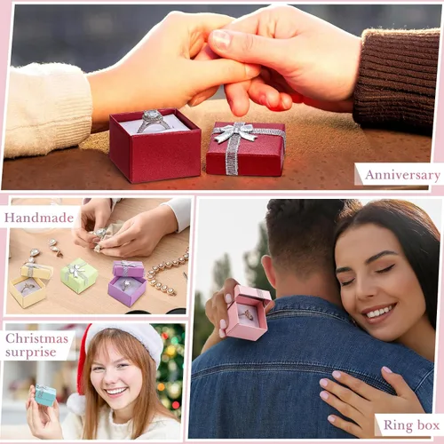 Miniatura 4 de Yinkin Juego de 120 cajas de regalo de anillo de cartón con lazo, cuadrado, varios colores, pequeño, caja de joyería dura para cumpleaños, 6