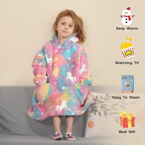Miniatura 3 de Manta con capucha vestible para niños, manta Sherpa de gran tamaño con capucha para niños, niñas y bebés de 2 a 6 años, unicornios arcoíris