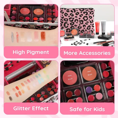 Miniatura 3 de Anpro Kit de maquillaje plegable doble todo en uno Leopord con estuche, juego de maquillaje profesional para adolescentes, kit completo de inicio