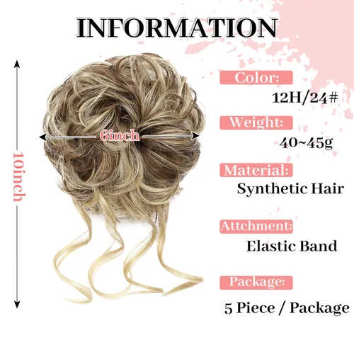 Miniatura 2 de 5 piezas de extensiones de cabello para moños desordenados con banda elástica de goma para mujeres, extensiones de cola de caballo con horquillas