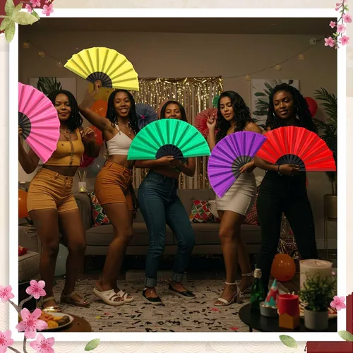 Miniatura 3 de Leinuosen 6 abanicos plegables chinos grandes para baile de línea, abanicos de mano plegables de 13 pulgadas para botas rave popping clacking