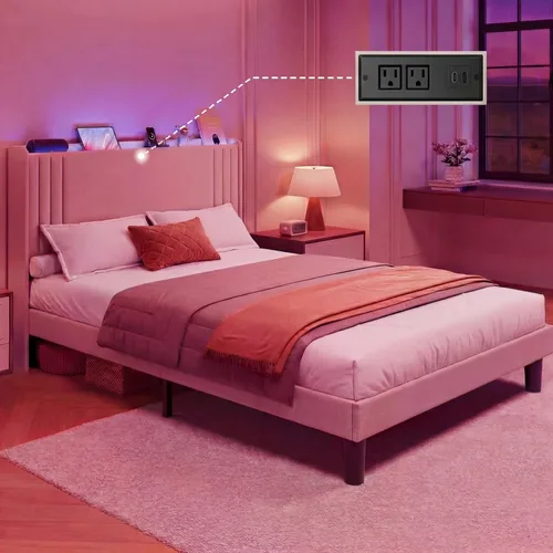 Miniatura 16 de Gizoon Base de cama matrimonial con cabecera de ala, plataforma tapizada con cabecera geométrica moderna, listones de madera, sin ruido, no necesita