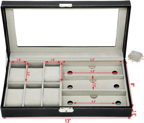 Miniatura 3 de AUTOARK AW-004 - Caja de cuero para 6 relojes y 3 lentes y gafas de sol con organizador de joyas, cajas de almacenamiento para hombre y mujer, tapa