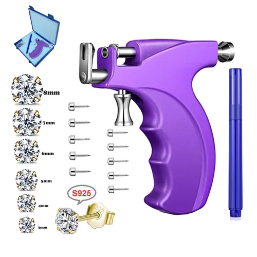 Kit profesional de pistola para perforación de orejas reutilizable para perforación de nariz, labio y cuerpo con 16 pares de aretes hipoalergénicos