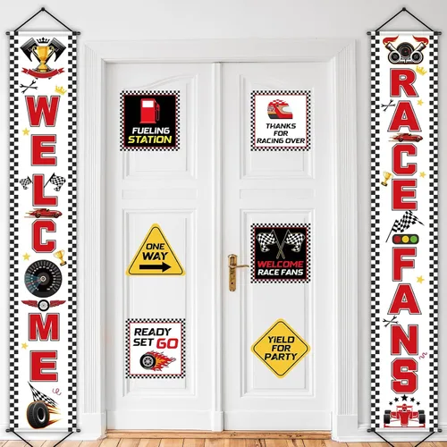 Miniatura 4 de Cartel de fiesta de cumpleaños de coche de carreras, banderas a cuadros, 9 carteles de fiesta de automóviles para decoración de fiesta