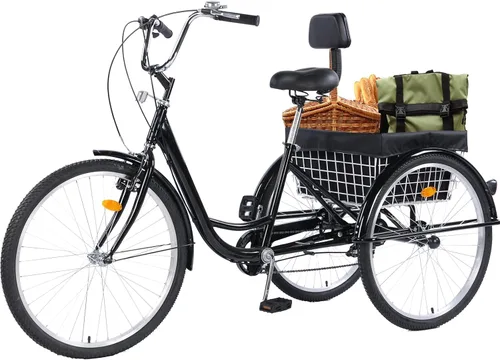 Triciclo para adultos de 26 pulgadas, bicicletas de 7 velocidades y 3 ruedas, asiento grande con respaldo, triciclo para adultos con cestas