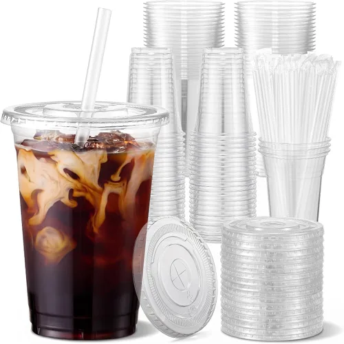 VITEVER [100 juegos de 16 onzas] Vasos de plástico con tapas y pajitas, vasos desechables para café helado, batido, bebidas frías, transparente