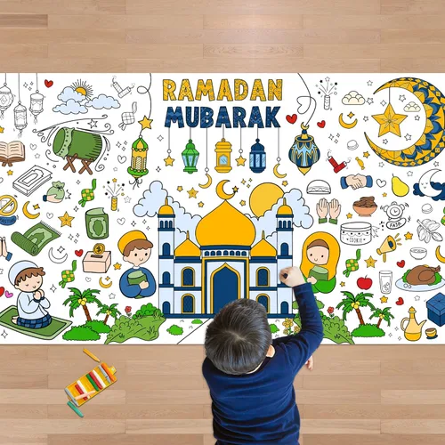 OHOME Cartel gigante de Ramadán para colorear / mantel - Decoraciones de Ramadán - Cartel gigante para colorear para niños, manualidades,