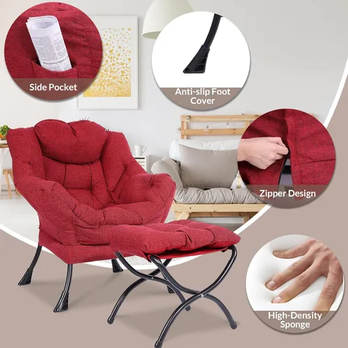 Miniatura 4 de MEETWARM Moderna silla perezosa de tela de algodón con otomana, silla de estar contemporánea con acento contemporáneo, sofá de ocio individual