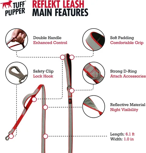 Miniatura 3 de Tuff Pupper Correa reflectante extrema para perros, resistente de doble asa para sostener perros fuertes, refleja para paseos nocturnos seguros
