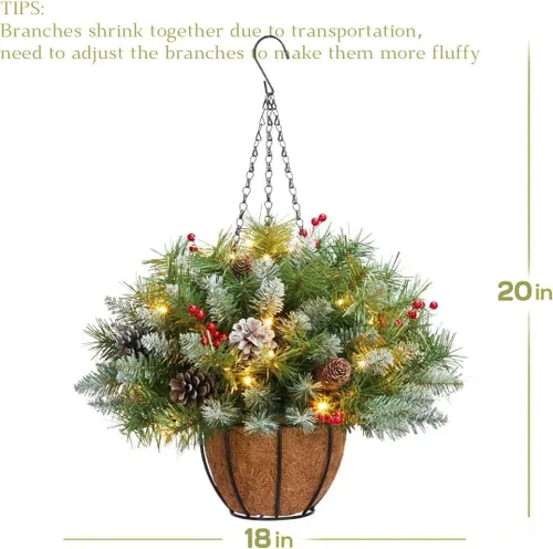 Miniatura 4 de ANOTHERME Canasta Colgante de Navidad Artificial Pre-Iluminada de 18 pulgadas, Pre-iluminada con 30 Luces LED Operadas por Batería, Decoración