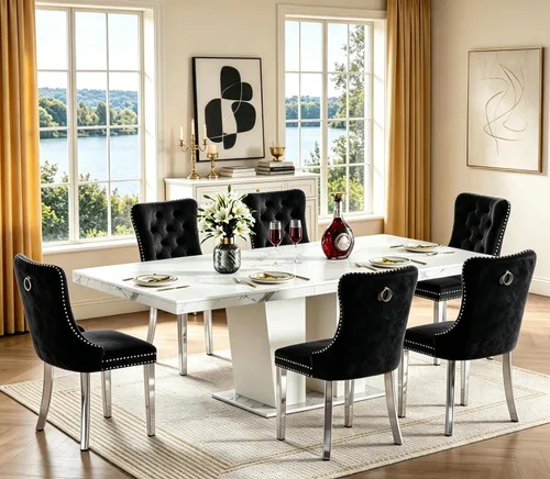 Miniatura 51 de Juego de mesa de comedor extensible de 5 piezas para 4-8 personas, 63-78 pulgadas, juego de mesa de cocina con 4 sillas tapizadas en terciopelo