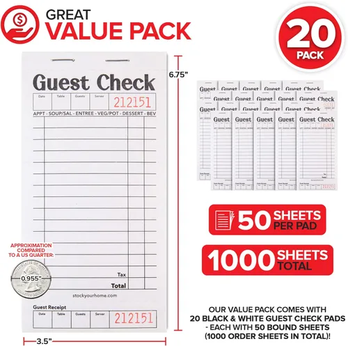 Miniatura 2 de Stock Your Home Libros de cheques de invitados en blanco y negro para servidores (paquete de 20) bloc de notas de servidor, cuaderno de cheques