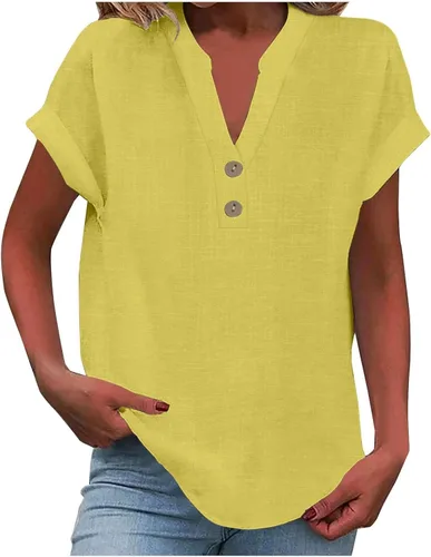 Miniatura 21 de Camisas de lino para mujer 2025 verano casual cuello en V botón abajo manga corta tops moda cómodo negocio trabajo blusas, beige (A-Beige)