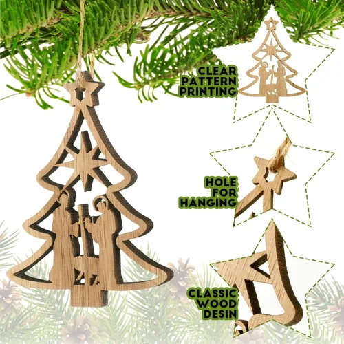 Miniatura 3 de Juego de 24 adornos de madera para árbol de Navidad, decoración religiosa del nacimiento de Jesús, decoración colgante para familia cristiana (forma)