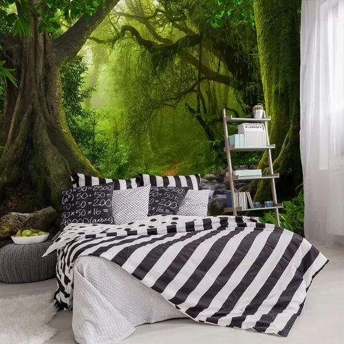 Miniatura 20 de Papel tapiz de tela con diseño de paisajes forestales verdes, bosques, árboles, sala de estar, dormitorio, baño, selva, mural de pared - 91 x 65