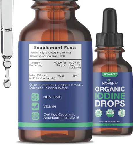 Miniatura 9 de NOVEHA Gotas de yodo Suplemento orgánico de yoduro de potasio Apoyo diario para la función tiroidea y el bienestar 250 mcg por porción USDA