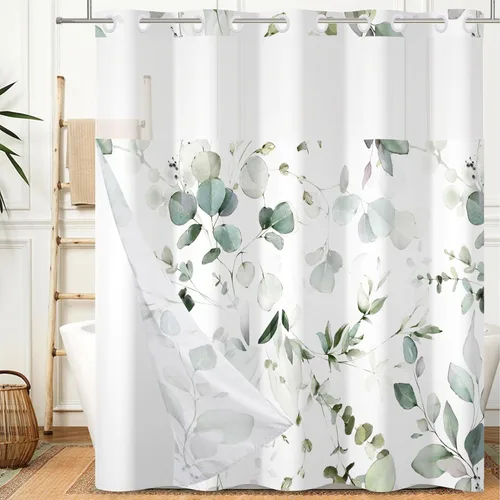 Juego de cortina de ducha sin gancho con forro a presión, color verde salvia, cortina de baño de eucalipto de doble capa, impermeable, tela lavable