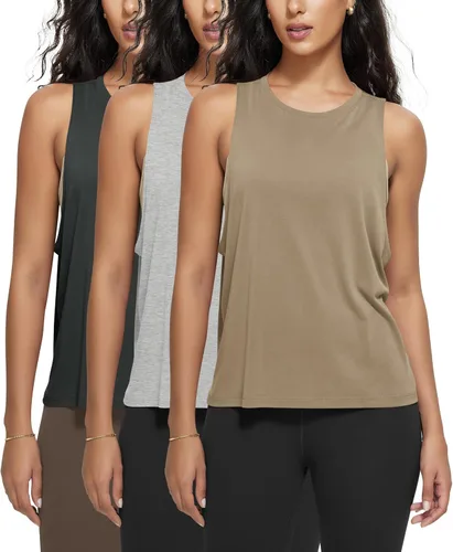 Miniatura 7 de ODODOS Paquete de 3 camisetas sin mangas sueltas para mujer, camisetas sin mangas para gimnasio, atletismo, entrenamiento, camisetas de yoga