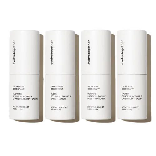 evolvetogether Desodorante Natural Sin Aluminio para Mujeres y Hombres | Paquete de Viaje de 4 | Neutraliza Olores, Calma la Piel | Vegano, Libre de