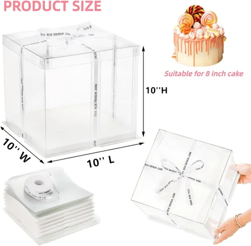 Miniatura 2 de 6 cajas transparentes para pasteles con cinta de 2 capas de 10 x 10 x 10 pulgadas, caja transportadora de pasteles transparente con tapas, cajas