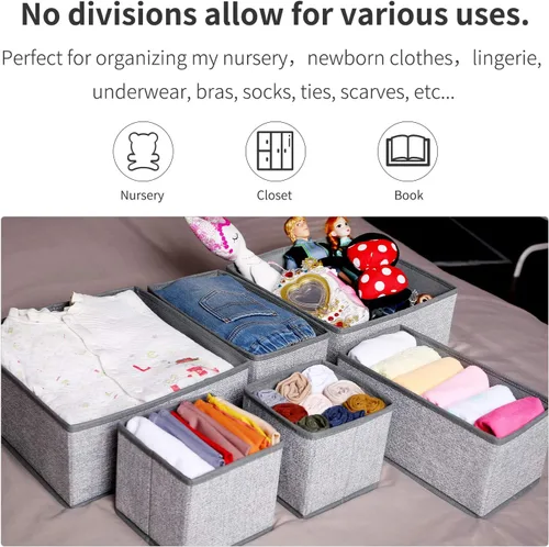 Miniatura 6 de Criusia Organizador plegable de cajones para ropa interior, divisores de armario, caja de almacenamiento para ropa, calcetines (6 contenedores, gris)