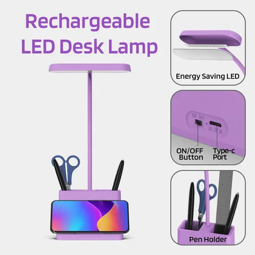 Miniatura 4 de AXX Bonita lámpara de escritorio morada, luz de mesa de estudio recargable para oficina en casa, pequeña, funciona con pilas, LED, cuello de cisne