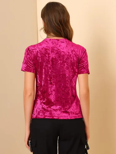 Miniatura 5 de Allegra K Camiseta casual de terciopelo de Navidad para mujer, cuello redondo, manga corta
