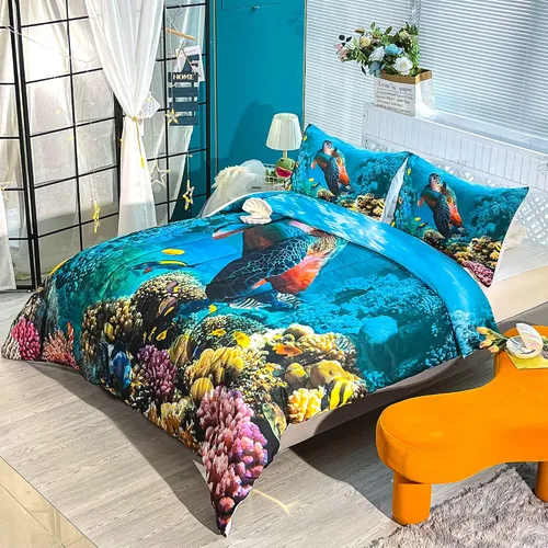 Miniatura 3 de CVHOUSE - Juego de ropa de cama de tortuga marina, edredón individual de tortuga marina, juego de edredón de playa de océano para niños y niñas, A4