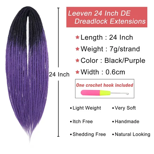 Miniatura 2 de Leeven Extensiones sintéticas de rastas de 24 pulgadas de doble extremo, de negro a morado, delgadas, 10 hebras, hechas a mano, 0.6 cm de ancho