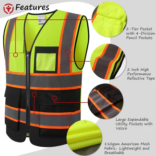 Miniatura 3 de Chaleco de seguridad reflectante para hombres y mujeres, chaleco de construcción que cumple con el estándar ANSI/ISEA H-amarillo Negro