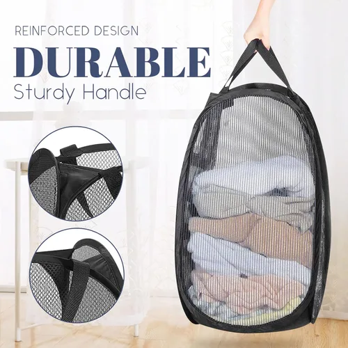 Miniatura 2 de Cestos de lavandería desplegables, cesta desplegable de malla, cesta plegable y ligera para lavar ropa duradera para dormitorio, hogar, viajes, Negro