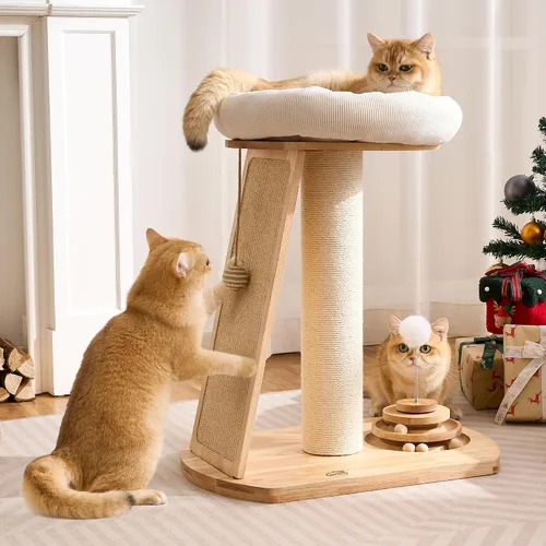Miniatura 9 de HITTITE Torre de árbol para gatos de madera maciza, poste rascador para gatos con cama, árbol pequeño para gatos de 27 pulgadas, torre compacta