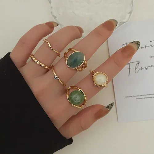 Miniatura 3 de Juego de 6 anillos de diamantes de imitación dorados y verdes para mujer, anillo de piedra preciosa natural, anillo de buena suerte, anillos verdes