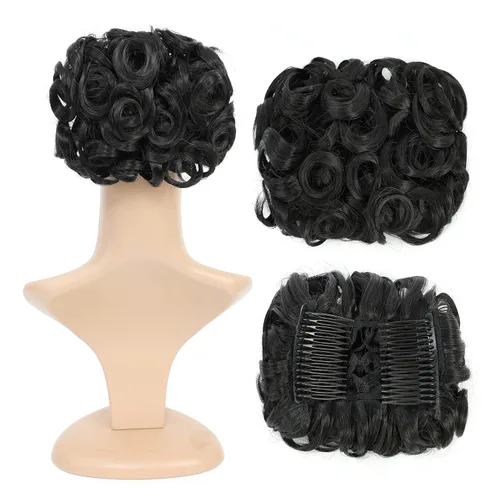 Miniatura 24 de SWACC Extensión de moño corto rizado desordenado, fácil de estirar, peines para el cabello, extensión de cola de caballo con clip, coletero, Marrón
