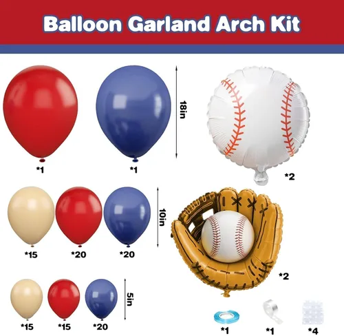 Miniatura 2 de Decoraciones de fiesta de cumpleaños de béisbol, arco de globos azul marino, rojo y nude con globos de papel de aluminio con guante de béisbol