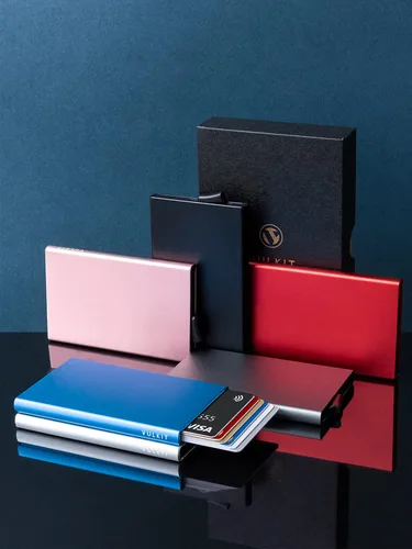Miniatura 30 de VULKIT Cartera desplegable, soporte minimalista para tarjetas de crédito, bloqueo RFID, funda de metal delgada para hombres