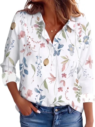 Miniatura 25 de CBOO Camisas resistentes a las manchas para mujer, sin arrugas y sin planchado, blusa de manga larga con botones para oficina Blanco resistente a